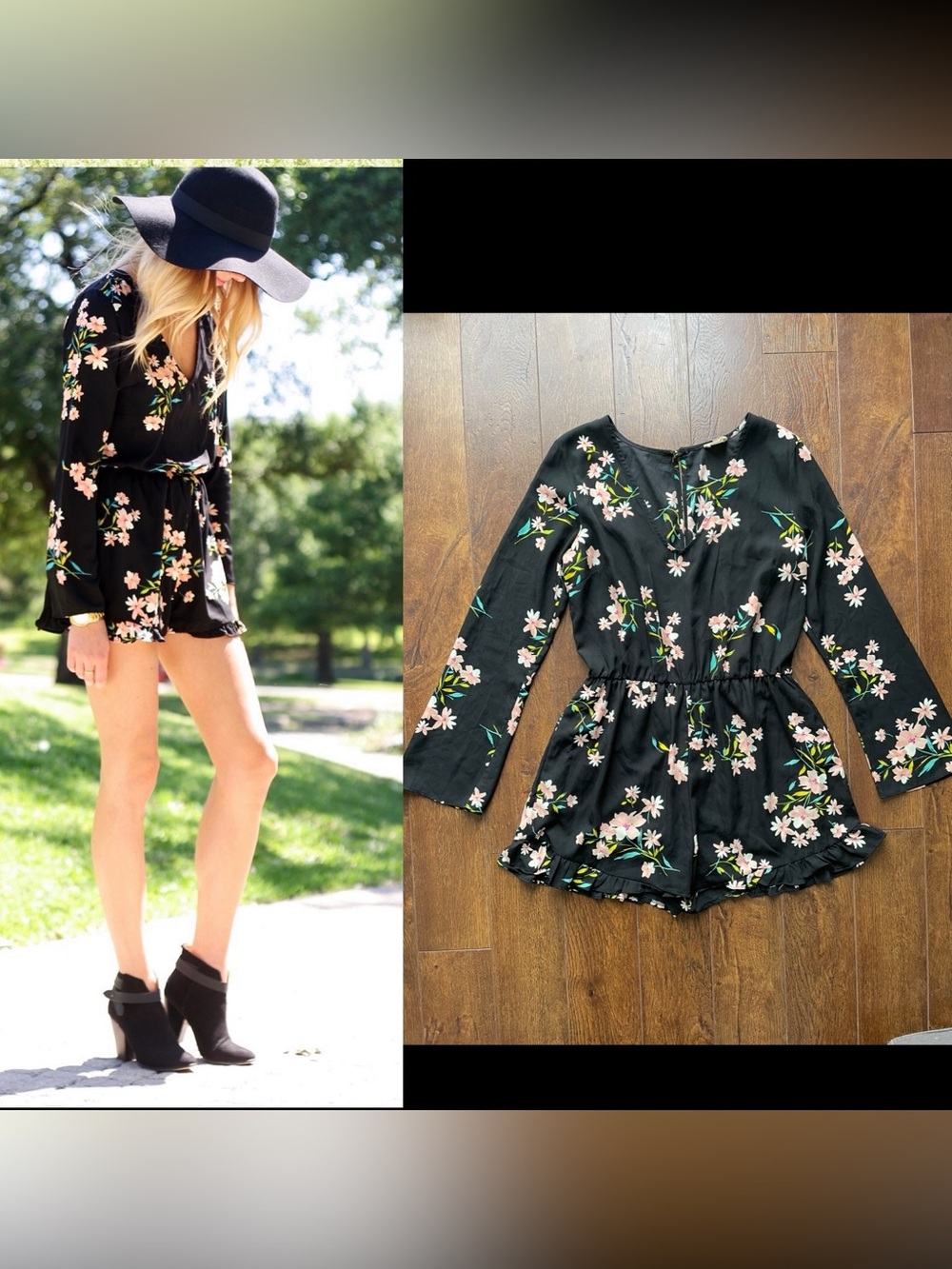 New Anthropologie Large Black Floral V-Neck Romper Jumpsuit. Stretch Waist.